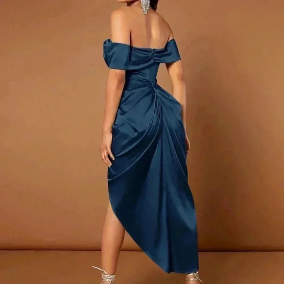 Blue Preppy Womens Off Shoulder Ruched Draped Asymmetrical Hem Dress - Picture 2 of 5